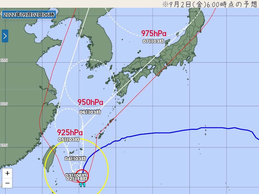 台風11号進路予報図予想202209020600