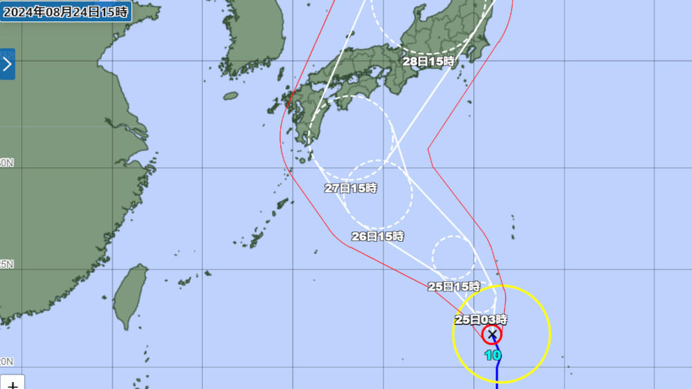 気象庁台風10号予想進路24日時点