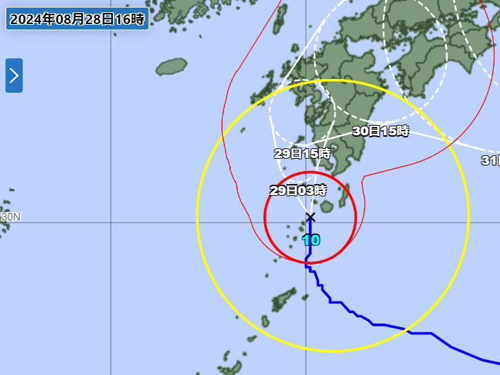 気象庁台風10号予想進路28日時点