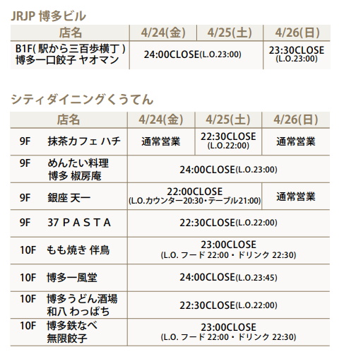 JR博多シティ4/24(金)～4/26(日) 一部飲食店の営業時間延長のお知らせ